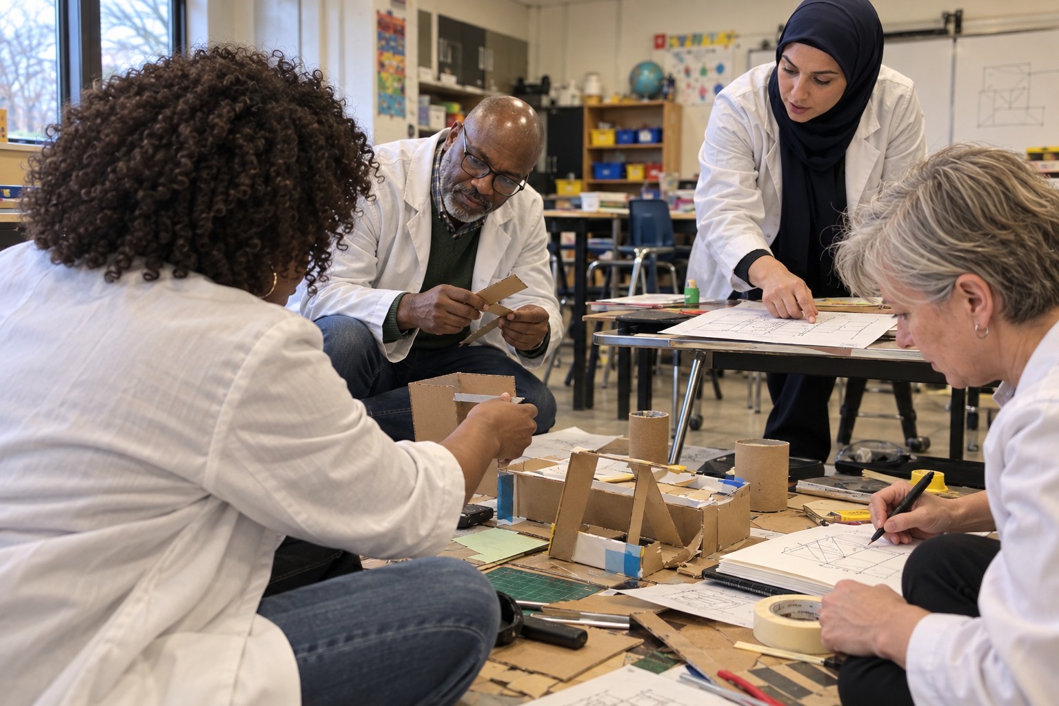 Four educators planning a cardboard prototype together